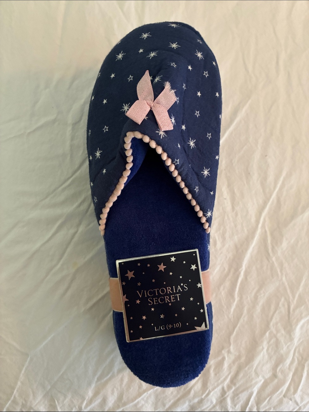Victoria's Secret Navy Slippers with Pink Pom Trim